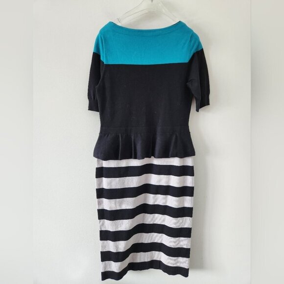 *SOLD* KAREN MILLEN | Peplum Dress Stripes Black Teal Sz 4 - Picture 3 of 5